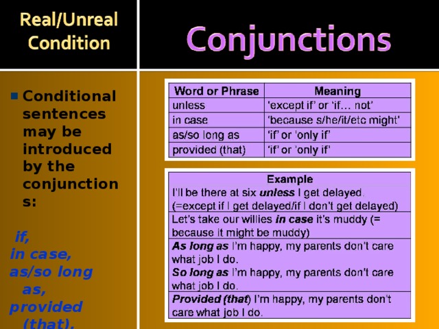 Conditional sentences may be introduced by the conjunctions:   if, in case, as/so long as, provided (that), unless, suppose . 