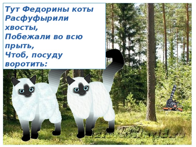 Тут Федорины коты Расфуфырили хвосты,  Побежали во всю прыть, Чтоб, посуду воротить: 
