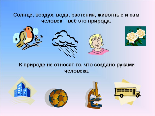 Солнце, воздух, вода, растения, животные и сам человек – всё это природа. К природе не относят то, что создано руками человека. 