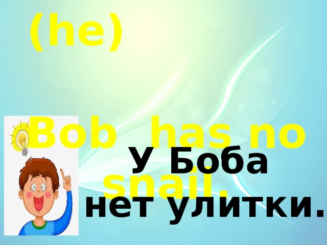  (he) Bob has no snail. У Боба  нет улитки. 
