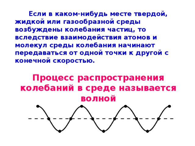  Если в каком-нибудь месте твердой, жидкой или газообразной среды возбуждены колебания частиц, то вследствие взаимодействия атомов и молекул среды колебания начинают передаваться от одной точки к другой с конечной скоростью.  Процесс распространения колебаний в среде называется волной 