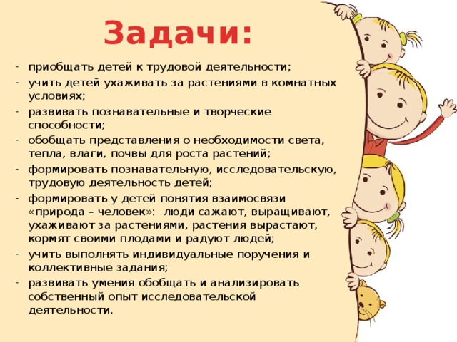 Задачи: приобщать детей к трудовой деятельности; учить детей ухаживать за растениями в комнатных условиях; развивать познавательные и творческие способности; обобщать представления о необходимости света, тепла, влаги, почвы для роста растений; формировать познавательную, исследовательскую, трудовую деятельность детей; формировать у детей понятия взаимосвязи «природа – человек»: люди сажают, выращивают, ухаживают за растениями, растения вырастают, кормят своими плодами и радуют людей; учить выполнять индивидуальные поручения и коллективные задания; развивать умения обобщать и анализировать собственный опыт исследовательской деятельности. 