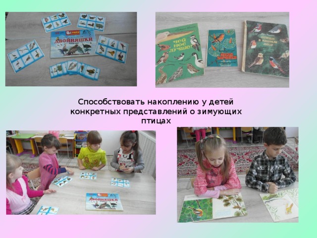 Способствовать накоплению у детей конкретных представлений о зимующих птицах 