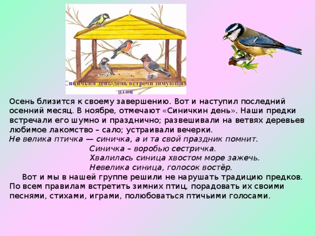 Осень близится к своему завершению. Вот и наступил последний осенний месяц. В ноябре, отмечают «Синичкин день». Наши предки встречали его шумно и празднично; развешивали на ветвях деревьев любимое лакомство – сало; устраивали вечерки. Не велика птичка — синичка, а и та свой праздник помнит.                                  Синичка – воробью сестричка.                                  Хвалилась синица хвостом море зажечь.                                  Невелика синица, голосок востёр.      Вот и мы в нашей группе решили не нарушать традицию предков. По всем правилам встретить зимних птиц, порадовать их своими песнями, стихами, играми, полюбоваться птичьими голосами.  