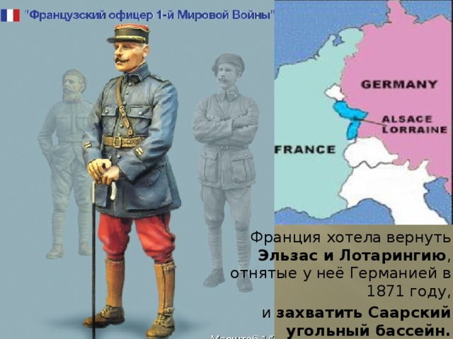 Франция хотела вернуть Эльзас и Лотарингию , отнятые у неё Германией в 1871 году, и захватить Саарский угольный бассейн. 