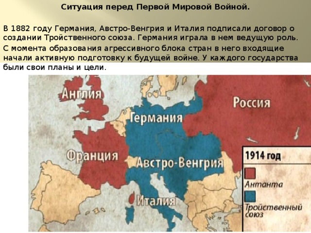 Ситуация перед Первой Мировой Войной. В 1882 году Германия, Австро-Венгрия и Италия подписали договор о создании Тройственного союза. Германия играла в нем ведущую роль. С момента образования агрессивного блока стран в него входящие начали активную подготовку к будущей войне. У каждого государства были свои планы и цели. 