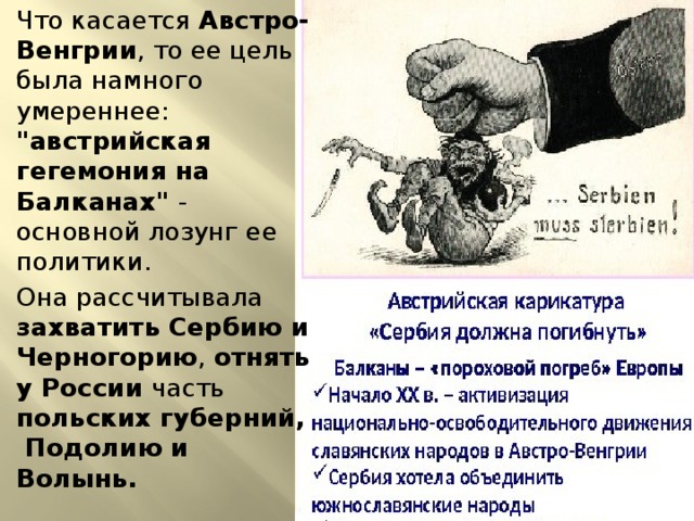 Что касается Австро-Венгрии , то ее цель была намного умереннее: 
