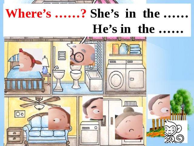 Where’s ……? She’s in the ……  He’s in the …… 