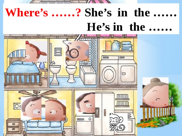 Where’s ……? She’s in the ……  He’s in the …… 