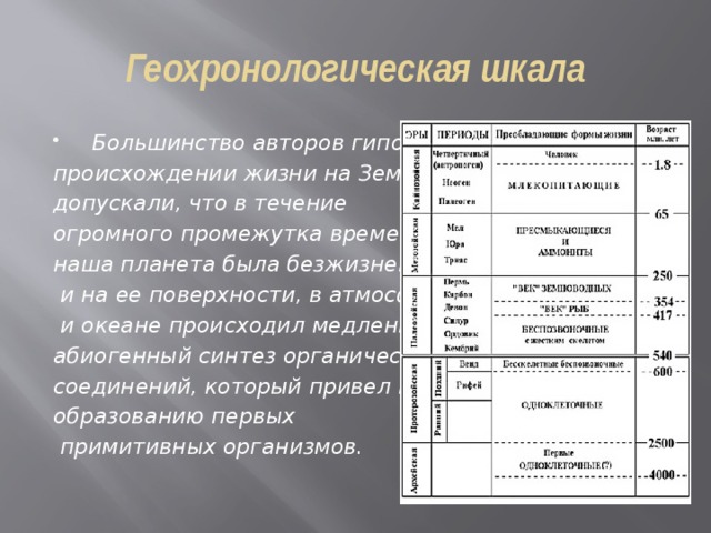 Геохронологическая шкала  Большинство авторов гипотез о происхождении жизни на Земле допускали, что в течение огромного промежутка времени наша планета была безжизненной  и на ее поверхности, в атмосфере  и океане происходил медленный  абиогенный синтез органических соединений, который привел к образованию первых  примитивных организмов. 