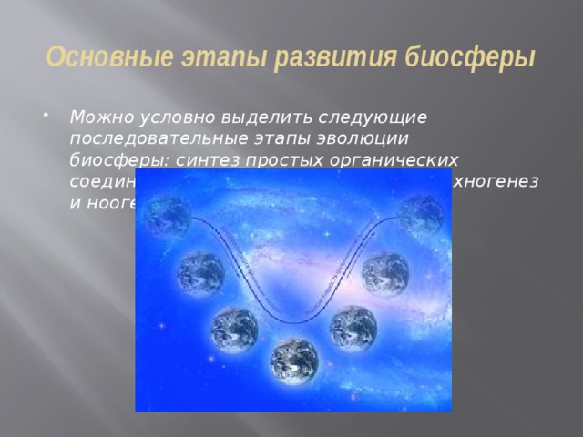 Основные этапы развития биосферы Можно условно выделить следующие последовательные этапы эволюции биосферы: синтез простых органических соединений, биогенез, антропогенез, техногенез и ноогенез. 