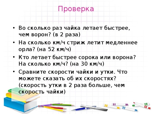 Проверка Во сколько раз чайка летает быстрее, чем ворон? (в 2 раза) На сколько км/ч стриж летит медленнее орла? (на 52 км/ч) Кто летает быстрее сорока или ворона? На сколько км/ч? (на 30 км/ч) Сравните скорости чайки и утки. Что можете сказать об их скоростях? (скорость утки в 2 раза больше, чем скорость чайки) 