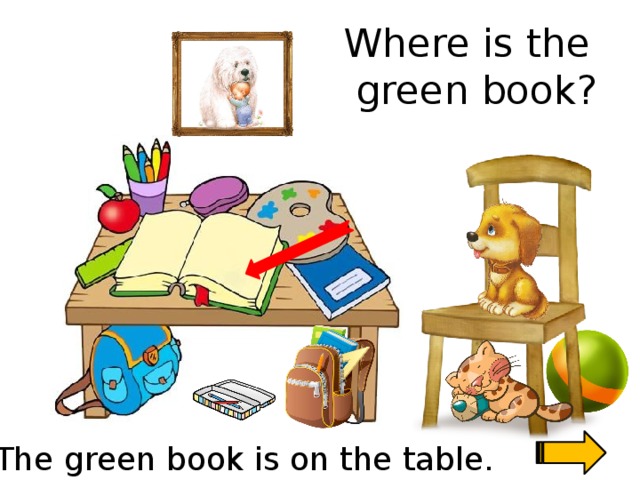 Where is the  green book? Скажи где находиться предмет. The green book is on the table.