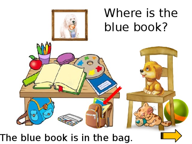 Where is the blue book? The blue book is in the bag.