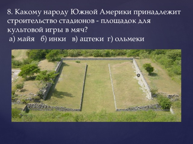 8. Какому народу Южной Америки принадлежит строительство стадионов - площадок для культовой игры в мяч?   а) майя   б) инки   в) ацтеки  г) ольмеки   