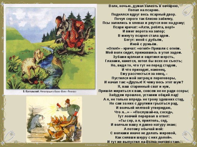 Волк, ночью, думая залезть в овчарню, Попал на псарню. Поднялся вдруг весь псарный двор. Почуя серого так близко забияку, Псы залились в хлевах и рвутся вон на драку; Псари кричат: «Ахти, ребята, вор!» И вмиг ворота на запор; В минуту псарня стала адом. Бегут: иной с дубьём, Иной с ружьём. «Огня!» - кричат: «огня!» Пришли с огнём. Мой волк сидит, прижавшись в угол задом. Зубами щёлкая и ощетиня шерсть, Глазами, кажется, хотел бы всех он съесть; Но, видя то, что тут не перед стадом, И что приходит, наконец, Ему рассчесться за овец, - Пустился мой хитрец в переговоры, И начал так: «Друзья! К чему весь этот шум? Я, ваш старинный сват и кум, Пришёл мириться к вам, совсем не не ради ссоры; Забудем прошлое, уставим общий лад! А я, не только впредь не трону здешних стад, Но сам за них с другими грызться рад, И волчьей клятвой утверждаю, Что я…» – «Послушай-ка, сосед», Тут ловчий перервал в ответ: «Ты сер, а я, приятель, сед, И волчью вашу я давно натуру знаю; А потому обычай мой: С волками иначе не делать мировой, Как снявши шкуру с них долой». И тут же выпустил на Волка гончих стаю. 