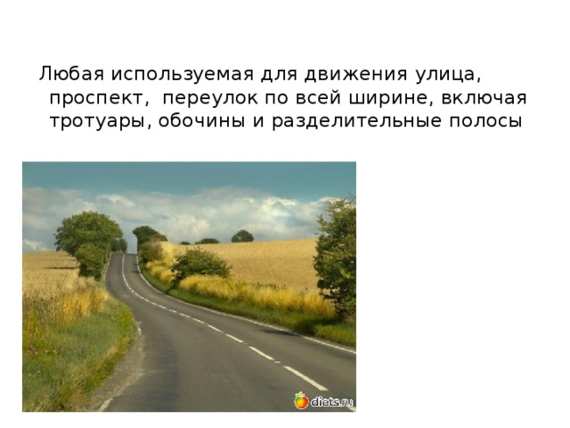  Любая используемая для движения улица, проспект, переулок по всей ширине, включая тротуары, обочины и разделительные полосы  дорога 