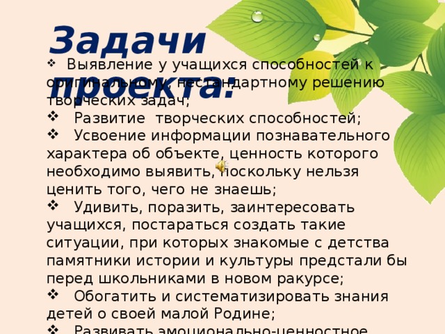 Задачи проекта:    Выявление у учащихся способностей к оригинальному, нестандартному решению творческих задач;  Развитие творческих способностей;  Усвоение информации познавательного характера об объекте, ценность которого необходимо выявить, поскольку нельзя ценить того, чего не знаешь;  Удивить, поразить, заинтересовать учащихся, постараться создать такие ситуации, при которых знакомые с детства памятники истории и культуры предстали бы перед школьниками в новом ракурсе;  Обогатить и систематизировать знания детей о своей малой Родине;  Развивать эмоционально-ценностное отношение к достопримечательностям родного села. 