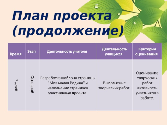 План проекта (продолжение) 