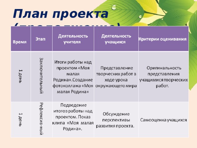 План проекта (продолжение) 