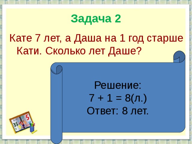 Задача 2 Кате 7 лет, а Даша на 1 год старше Кати. Сколько лет Даше? Решение: 7 + 1 = 8(л.) Ответ: 8 лет.  