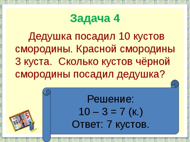 Задача 4  Дедушка посадил 10 кустов смородины. Красной смородины 3 куста. Сколько кустов чёрной смородины посадил дедушка? Решение: 10 – 3 = 7 (к.) Ответ: 7 кустов.  