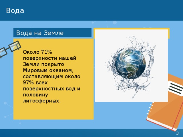 Вода Вода на Земле Около 71% поверхности нашей Земли покрыто Мировым океаном, составляющим около 97% всех поверхностных вод и половину литосферных. 
