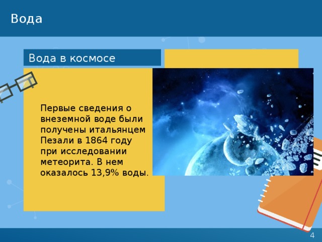 Вода Вода в космосе Первые сведения о внеземной воде были получены итальянцем Пезали в 1864 году при исследовании метеорита. В нем оказалось 13,9% воды. 