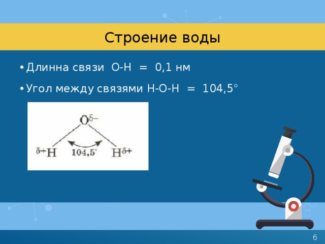 Строение воды Длинна связи О-Н = 0,1 нм Угол между связями Н-О-Н = 104,5° 