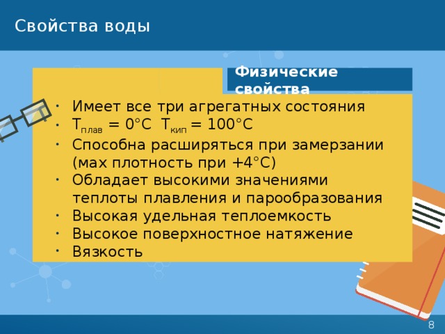 Свойства воды Физические свойства Имеет все три агрегатных состояния Т плав = 0°С Т кип = 100°С Способна расширяться при замерзании (мах плотность при +4°С) Обладает высокими значениями теплоты плавления и парообразования Высокая удельная теплоемкость Высокое поверхностное натяжение Вязкость 
