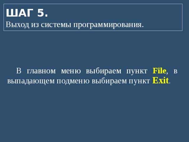 ШАГ 5.  Выход из системы программирования. В главном меню выбираем пункт  File , в выпадающем подменю выбираем пункт Exit . 