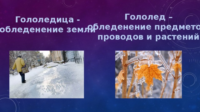 Гололед – обледенение предметов, проводов и растений Гололедица - обледенение земли 