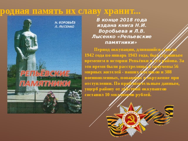 Народная память их славу хранит... В конце 2018 года издана книга Н.И. Воробьева и Л.В. Лысенко «Репьевские памятники» Период оккупации, длившийся с июля 1942 года по январь 1943 года, был страшным временем в истории Репьёвки и сёл района. За это время были расстреляны и замучены 56 мирных жителей - наших земляков и 388 военнопленных, попавших в окружение при отступлении. По приблизительным данным, ущерб району от действий оккупантов составил 10 миллионов рублей. 
