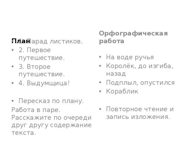 План Орфографическая работа 1. Парад листиков. 2. Первое путешествие. 3. Второе путешествие. 4. Выдумщица! На воде ручья Королёк, до изгиба, назад Подплыл, опустился Кораблик Пересказ по плану. Повторное чтение и запись изложения. Работа в паре. Расскажите по очереди друг другу содержание текста. 