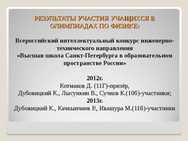 РЕЗУЛЬТАТЫ УЧАСТИЯ УЧАЩИХСЯ В ОЛИМПИАДАХ ПО ФИЗИКЕ: Всероссийский интеллектуальный конкурс инженерно-технического направления «Высшая школа Санкт-Петербурга в образовательном пространстве России»  2012г. Котмаков Д. (11Г)-призёр, Дубовицкий К., Лысункин В., Сучков К.(10б)-участники; 2013г. Дубовицкий К., Качкынчиев Р., Ивашура М.(11б)-участники 
