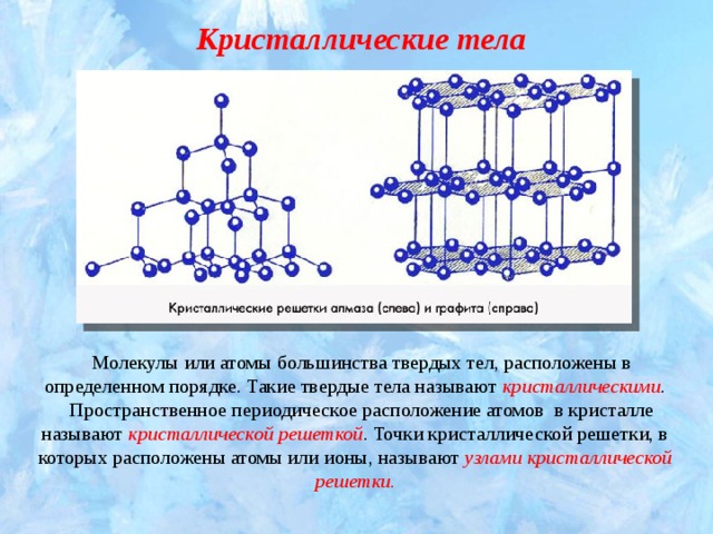 Кристаллические тела Молекулы или атомы большинства твердых тел, расположены в определенном порядке. Такие твердые тела называют  кристаллическими . Пространственное периодическое расположение атомов в кристалле называют кристаллической решеткой . Точки кристаллической решетки, в которых расположены атомы или ионы, называют узлами кристаллической решетки. 