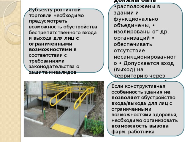 Все помещения должны быть •расположены в здании и функционально объединены, • изолированы от др. организаций • обеспечивать отсутствие несанкционированного • Допускается вход (выход) на территорию через помещение другой организации Субъекту розничной торговли необходимо предусмотреть возможность обустройства беспрепятственного входа и выхода для лиц с ограниченными возможностями в соответствии с требованиями законодательства о защите инвалидов Если конструктивная особенность здания не позволяет обустройство входа/выхода для лиц с ограниченными возможностями здоровья, необходимо организовать возможность вызова фарм. работника 