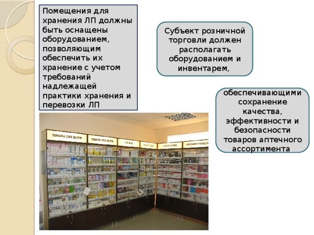 Помещения для хранения ЛП должны быть оснащены оборудованием, позволяющим обеспечить их хранение с учетом требований надлежащей практики хранения и перевозки ЛП Субъект розничной торговли должен располагать оборудованием и инвентарем, обеспечивающими сохранение качества, эффективности и безопасности товаров аптечного ассортимента . 