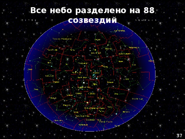 Все небо разделено на 88 созвездий 37 