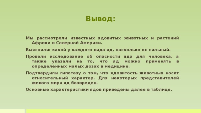Вывод: Мы рассмотрели известных ядовитых животных и растений Африки и Северной Америки. Выяснили: какой у каждого вида яд, насколько он сильный. Провели исследование об опасности яда для человека, а также указали на то, что яд можно применять в определенных малых дозах в медицине. Подтвердили гипотезу о том, что ядовитость животных носит относительный характер. Для некоторых представителей живого мира яд безвреден. Основные характеристики ядов приведены далее в таблице.   