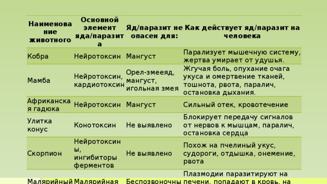 Наименование животного Основной элемент яда/паразита Кобра Яд/паразит не опасен для: Нейротоксин Мамба Как действует яд/паразит на человека Мангуст Нейротоксин, кардиотоксин Африканская гадюка Улитка конус Парализует мышечную систему, жертва умирает от удушья. Орел-змееяд, мангуст, игольная змея Нейротоксин Скорпион Конотоксин Мангуст Жгучая боль, опухание очага укуса и омертвение тканей, тошнота, рвота, паралич, остановка дыхания. Сильный отек, кровотечение Не выявлено Нейротоксины, ингибиторы ферментов Малярийный комар Блокирует передачу сигналов от нервов к мышцам, паралич, остановка сердца Не выявлено Малярийная плазмодия Похож на пчелиный укус, судороги, отдышка, онемение, рвота Беспозвоночные животные Плазмодии паразитируют на печени, попадают в кровь, на поздних стадиях - озноб, лихорадка, головные боли  