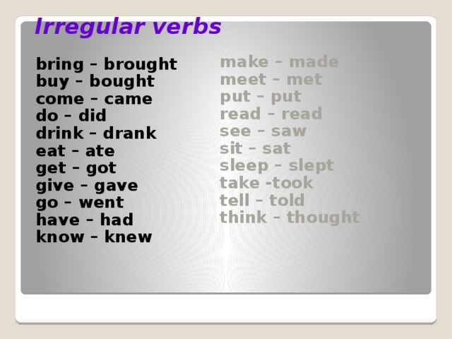 Irregular verbs bring – brought make – made meet – met buy – bought put – put come – came do – did read – read drink – drank see – saw sit – sat eat – ate sleep – slept get – got give – gave take -took go – went tell – told have – had think – thought know – knew  