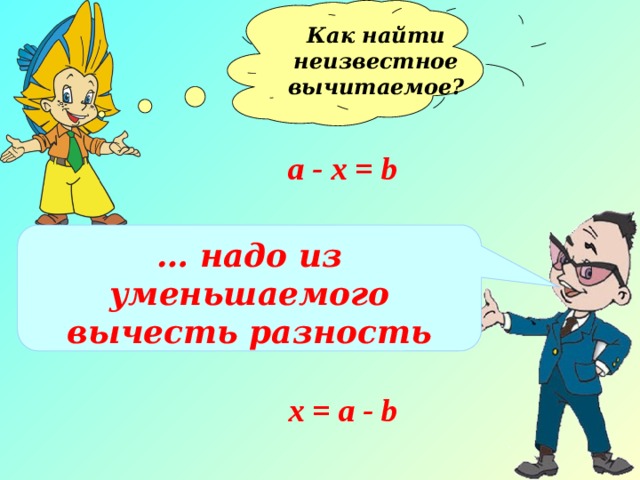 Как найти неизвестное вычитаемое?  а - х = b … надо из уменьшаемого вычесть разность х = а - b 