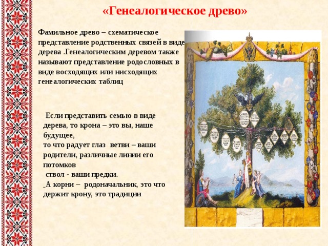 «Генеалогическое древо» Фамильное древо – схематическое представление родственных связей в виде дерева .Генеалогическим деревом также называют представление родословных в виде восходящих или нисходящих генеалогических таблиц  Если представить семью в виде дерева, то крона – это вы, наше будущее, то что радует глаз ветви – ваши родители,  различные линии его потомков   ствол - ваши предки.  А корни – родоначальник, это что держит крону, это традиции 