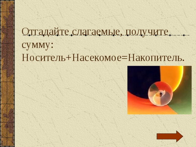 Отгадайте слагаемые, получите сумму: Носитель+Насекомое=Накопитель. 