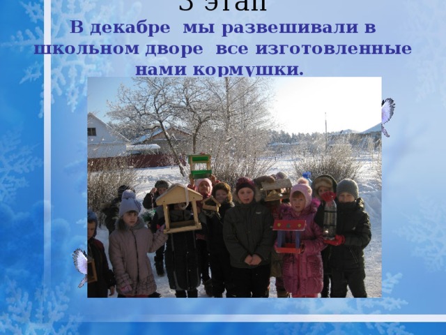 3 этап  В декабре мы развешивали в школьном дворе все изготовленные нами кормушки.   