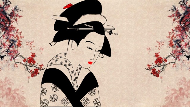 Посмотрите на портрет японской женщины.  Опишите черты её лица.   (Ребята описывают женский портрет: тонкий идеальный овал лица  (лицо покрывалось белилами),  маленький алый рот, длинные узкие миндалевидные глаза, «соболиные» узкие брови, удлинённая статная  шея, изящная фигура, сложная причёска со  множеством шпилек, нарядное кимоно)   