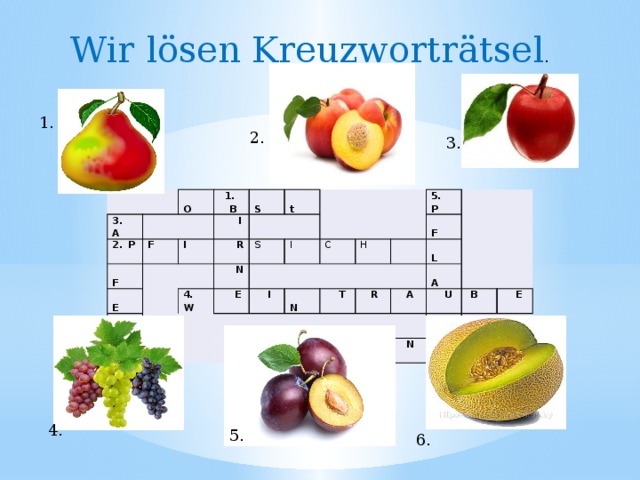 Wir lӧsen Kreuzworträtsel . 1. 2. 3. 3. A P  F 1. O  F  I  B   E I  R  L  S t  N S 4. W I  E  I C H 5. P  N  F 6. M  T  R  E  L  A  L  A  O  U  M  B  N  E  E 4. 5. 6.