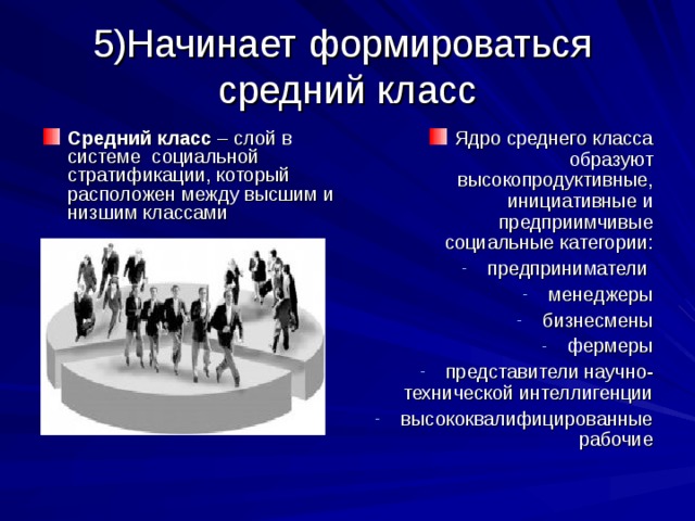 5)Начинает формироваться  средний класс Средний класс – слой в системе социальной стратификации, который расположен между высшим и низшим классами Ядро среднего класса образуют высокопродуктивные, инициативные и предприимчивые социальные категории: предприниматели менеджеры бизнесмены фермеры представители научно-технической интеллигенции высококвалифицированные рабочие  