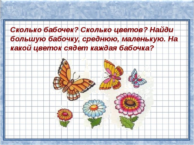 Сколько бабочек? Сколько цветов? Найди большую бабочку, среднюю, маленькую. На какой цветок сядет каждая бабочка? 